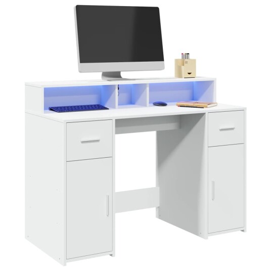  Skrivebord med LED-lys hvit 120x55x91 cm konstruert tre