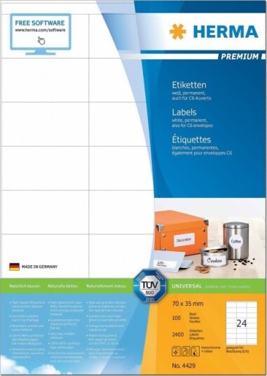Herma Premium - Papir - Matt - Permanent Selv-Adhesiv - Hvit - 70 X 35 Mm 2400 Etikett(Er) (100 Ark X 24) Laminerte Etiketter