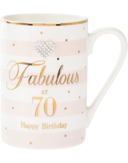 Hvit og Lysrosa Porselenkrus Fabulous 70th Birthday