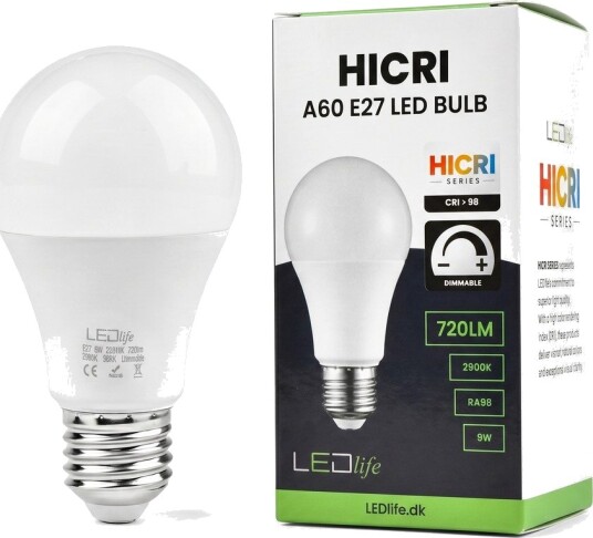 Ledlife E27 9W dimbar HiCri pære RA98 Dimbar : Dimbar Kulør : Varm Ledlife E27 9W dimbar HiCri pære RA98 Dimbar : Dimbar Kulør : Varm