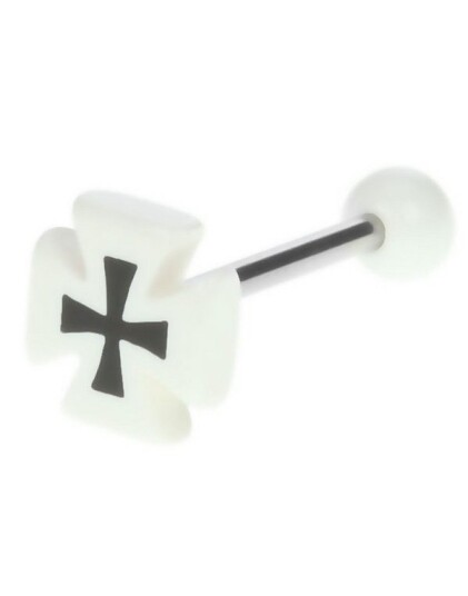 Body Art Tungepiercing med Hvit Ridder Cross Kule