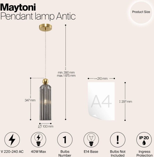 Maytoni Pendellampe i glass Antic, dimbar, Messing / gull, Stue / spisestue, Glass, Moderne