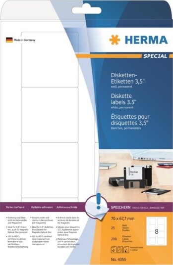 Herma Spesial   Papir   Matt   Permanent Selvklebende   Hvit   70 X 67,7 Mm 200 EtikettEr 25 Ark X 8 Diskettetiketter