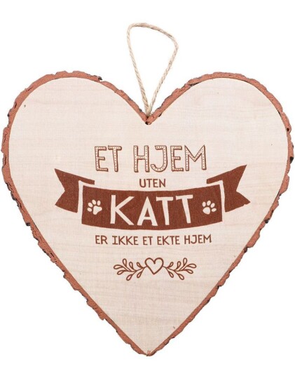 "Et Hjem Uten Katt Er Ikke Et Ekte Hjem" Hjerteformet Skilt i Tre 15x15 cm