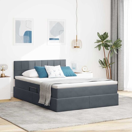 Seng med Oppbevaring med madrass Mørkegrå 140 x 200 cm Fløyel