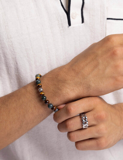 Nialaya Men"s Wristband With Aquatic Agate Brown Tiger Eye And Silv   Brown   M 17 cm