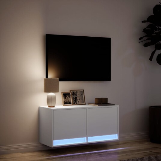 Vegghengt TV-benk med LED hvit 80x31x35 cm 852355 Vegghengt TV-benk med LED hvit 80x31x35 cm 852355