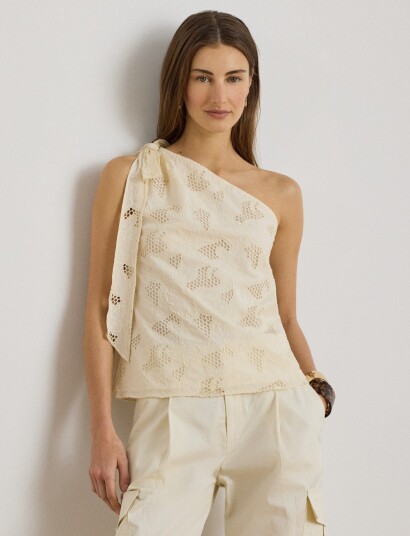 Lauren Ralph Lauren Floral Eyelet Voile One Shoulder Blouse Cream 36 Lauren Ralph Lauren Floral Eyelet Voile One Shoulder Blouse Cream 36