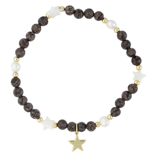 DARK Stone Bead Bracelet With Mop Star & Pearls Chocolate Brown DARK Stone Bead Bracelet With Mop Star & Pearls Chocolate Brown