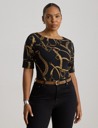 Lauren Ralph Lauren Belting Print Cotton Boatneck Tee Black S