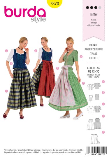 Burda 7870 - Folkedrakt EUR: 38-56, US: 12-30