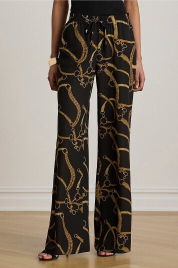 Lauren Ralph Lauren Belting Print Crepe Wide Leg Pant Black S