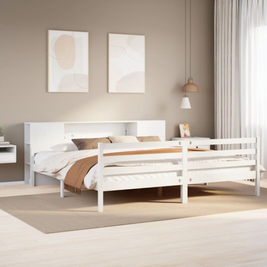 Seng med bokhylle uten madrass hvit 200x200 cm heltre furu 8721158609991