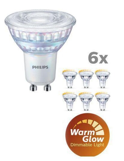 Philips 3,8W (50W), warmglow dimbar GU10 LED RA90, 6 pakning Philips 3,8W (50W), warmglow dimbar GU10 LED RA90, 6 pakning