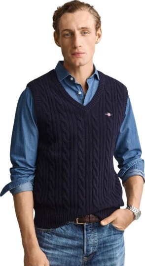 Gant Lambswool Kabelstrikket Vest Herre Evening Blue Størrelse M Gant Lambswool Kabelstrikket Vest Herre Evening Blue Størrelse M