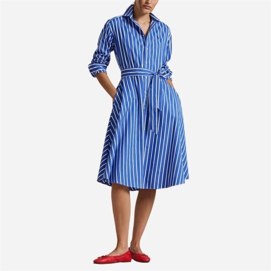 Belted Wide-Stripe Cotton Shirtdress Blue/White