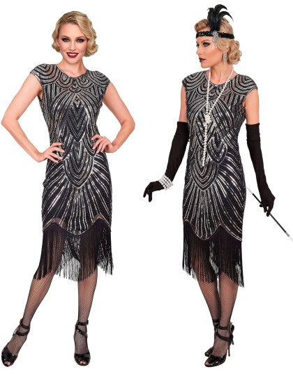 Deluxe Roaring 20's Gatsby Flapper Svart og Sølvfarget Luksus Flapperkjole til Dame Medium Voksenkostyme 15902