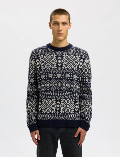 Selected Slhholger Ls Knit Jaquard Crew Neck - Navy - XXL Selected Slhholger Ls Knit Jaquard Crew Neck - Navy - XXL