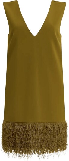 French Connection Azra Faux Feather Hem Dress MOSS GREEN L French Connection Azra Faux Feather Hem Dress MOSS GREEN L