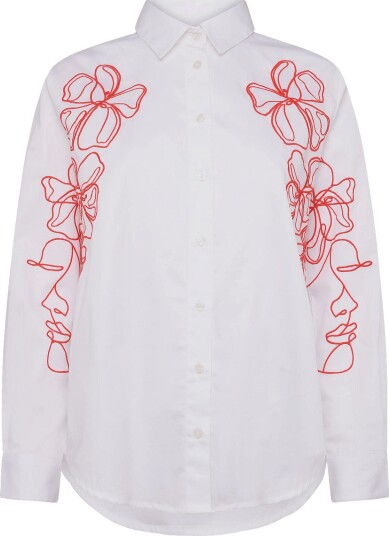 French Connection Alexis Cotton Embroidered Line Drawing Shirt   White   M