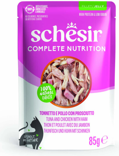 Schesir Våtfôr Complete Nutrition Filet I Gelé Tunfisk Og Med Skinke Kylling 6 X 85 G