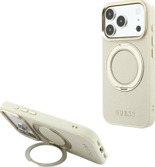 GUESS Ring Stand 360 Grained Classic Logo MagSafe case for iPhone 18 Pro Max / 17 Pro Max - beige