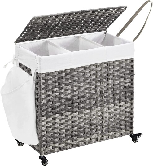 Skittentøyskurv 140 L med 3 rom Hjul lokk håndtak 66 x 33 x 60 cm Grå