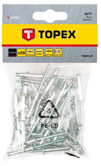 POPNAGLE 4,0x10mm 50pk ALUMINIUM BLINDNAGLE TOPEX POPNAGLE 4,0x10mm 50pk ALUMINIUM BLINDNAGLE TOPEX