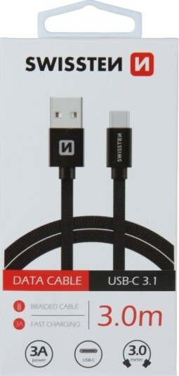 Swissten 3M USB-A til USB-C Kabel Svart Swissten 3M USB-A til USB-C Kabel Svart
