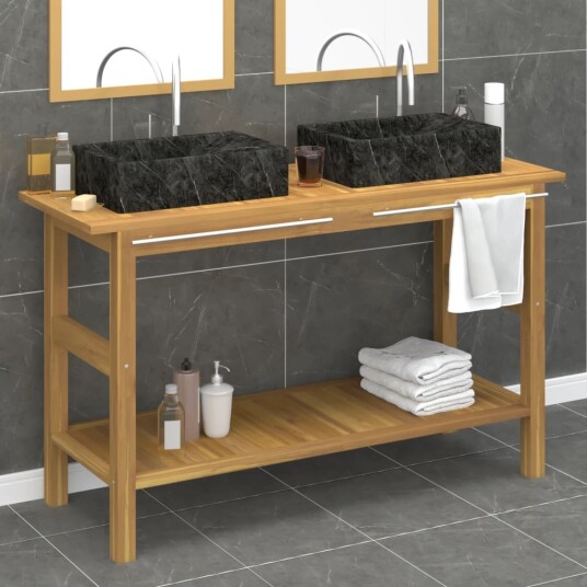 Baderomshylle med svarte marmorvasker heltre teak