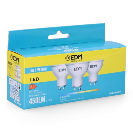 Edm Pack of 3 LED bulbs F 5 W GU10 450 lm Ø x 5,5 cm 6400 K