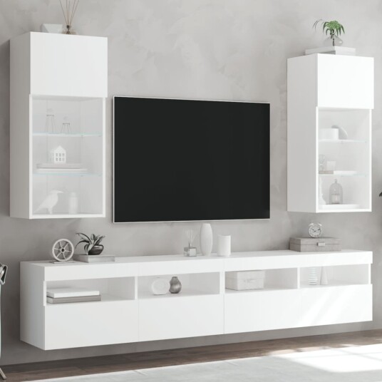 TV benker med LED lys 2 stk hvit 40,5x30x90 cm