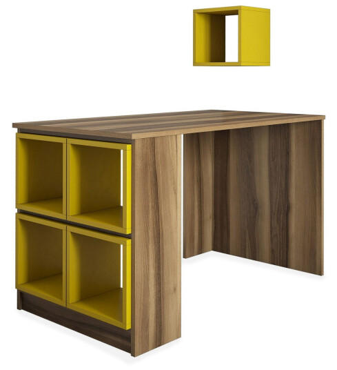 Skrivebord Amtorp 120 cm med Oppbevaring Hylle + Vegghylle Brun/Gul