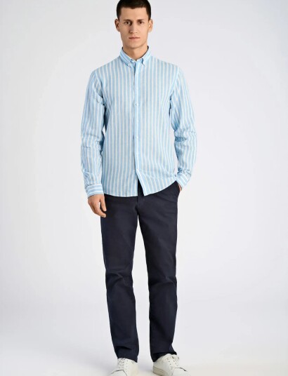 Lindbergh Wide Striped Cotton/Linen Shirt L/S   Blue   L