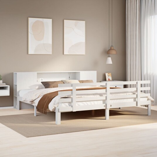 Seng med bokhylle uten madrass hvit 180x200 cm heltre furu 8721158615046
