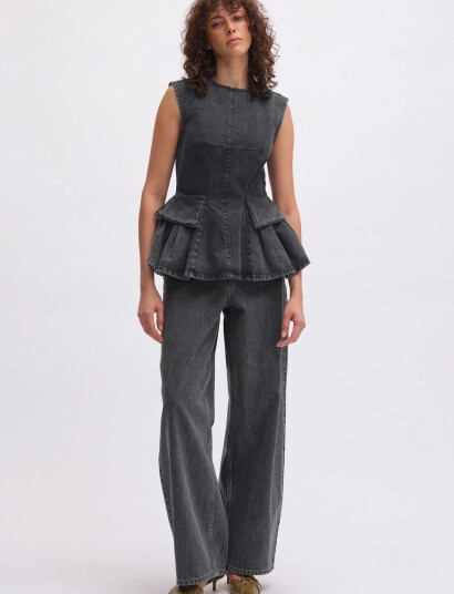 REMAIN Birger Christensen Peplum Denim Top   Grey   38