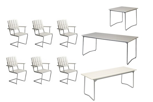 Grythyttan Stålmöbler B31 spisegruppe Hvitlakkert ek/galvanisert stål 6 lenestoler, benk 110 cm, bord 84 x 92 cm & bord 170 x 92 cm
