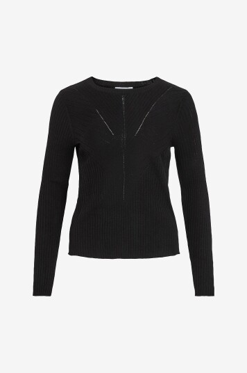 Vila - Topp viOlina O-neck L/S Rib Knit Top - Svart