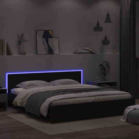 vidaXL Sengeramme med hodegavl og LED svart 200x200 cm 8721012247994