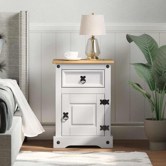 Nattbord med skuff Corona Hvit 45 x 35 x 64 cm Massiv furu