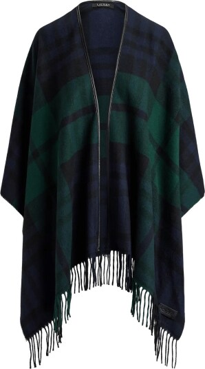 Lauren Ralph Lauren Plaid Fringe Trim Ruana   Navy   ONE SIZE