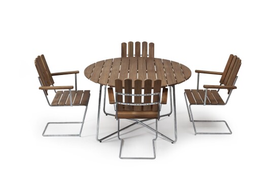 Grythyttan Stålmöbler A2 & 9A matgruppe Teak/galvanisert 4 lenestoler & bord 100 cm