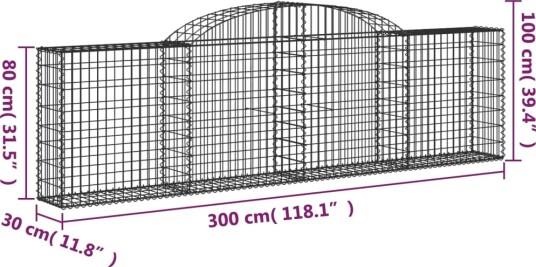 vidaXL Gabionkurv buet 300x30x80/100 cm galvanisert jern