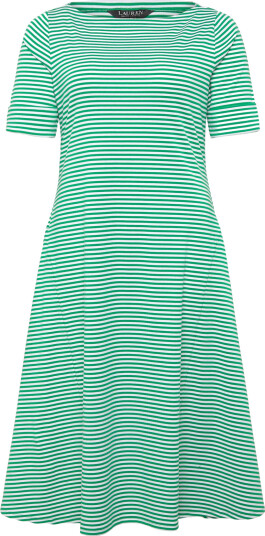 Lauren Women Striped Stretch Cotton Ribbed Midi Dress   Green   46 48