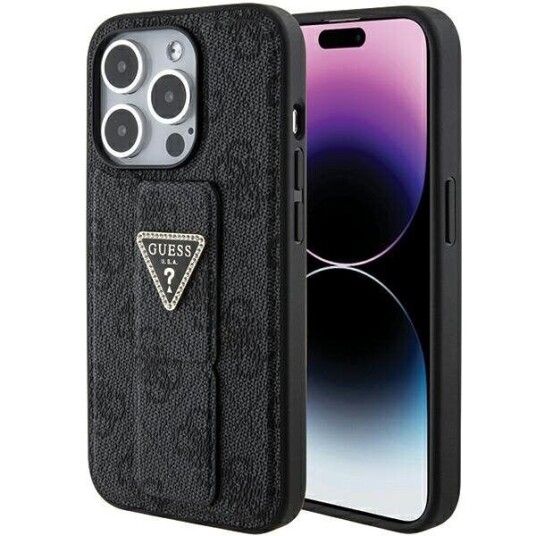 Guess Mobildeksel for iPhone 15 Pro 6.1" med Grip Stand og 4G Triangle Strass - Svart