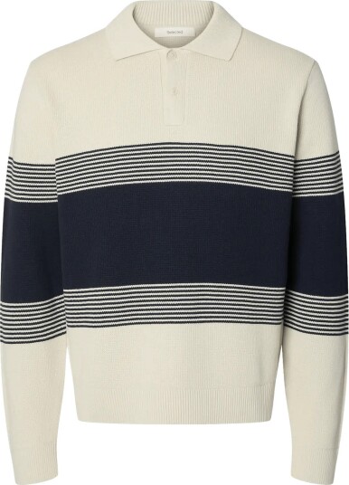 Selected Slmdane Ls Knit Stripe Polo Cream S
