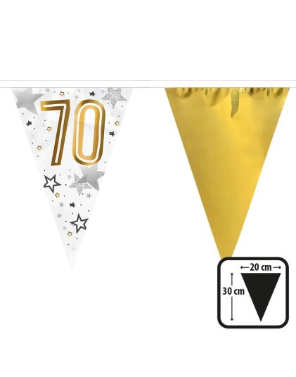 70 års Feiring Hvit og Gullfarget Banner med 15 Flagg 6 Meter