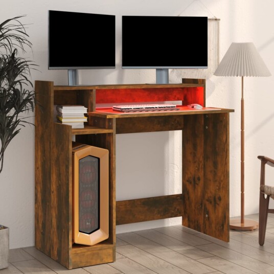 vidaXL Skrivebord med LED-lys røkt eik 97x90x45 cm konstruert tre