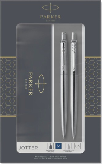 Parker Jotter Duo Gift Set with Ballpoint Pen & Mechanical Pencil 0.5mm  Stainless Steel with Chrome Trim  Blå Ink Refill