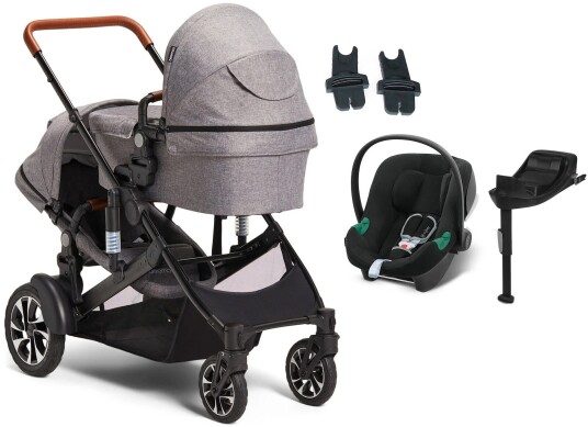 Beemoo Maxi 4 Twin Søskenvogn Inkl. Cybex Aton B2 Babybilstol &  Base Grey/Volcano Black